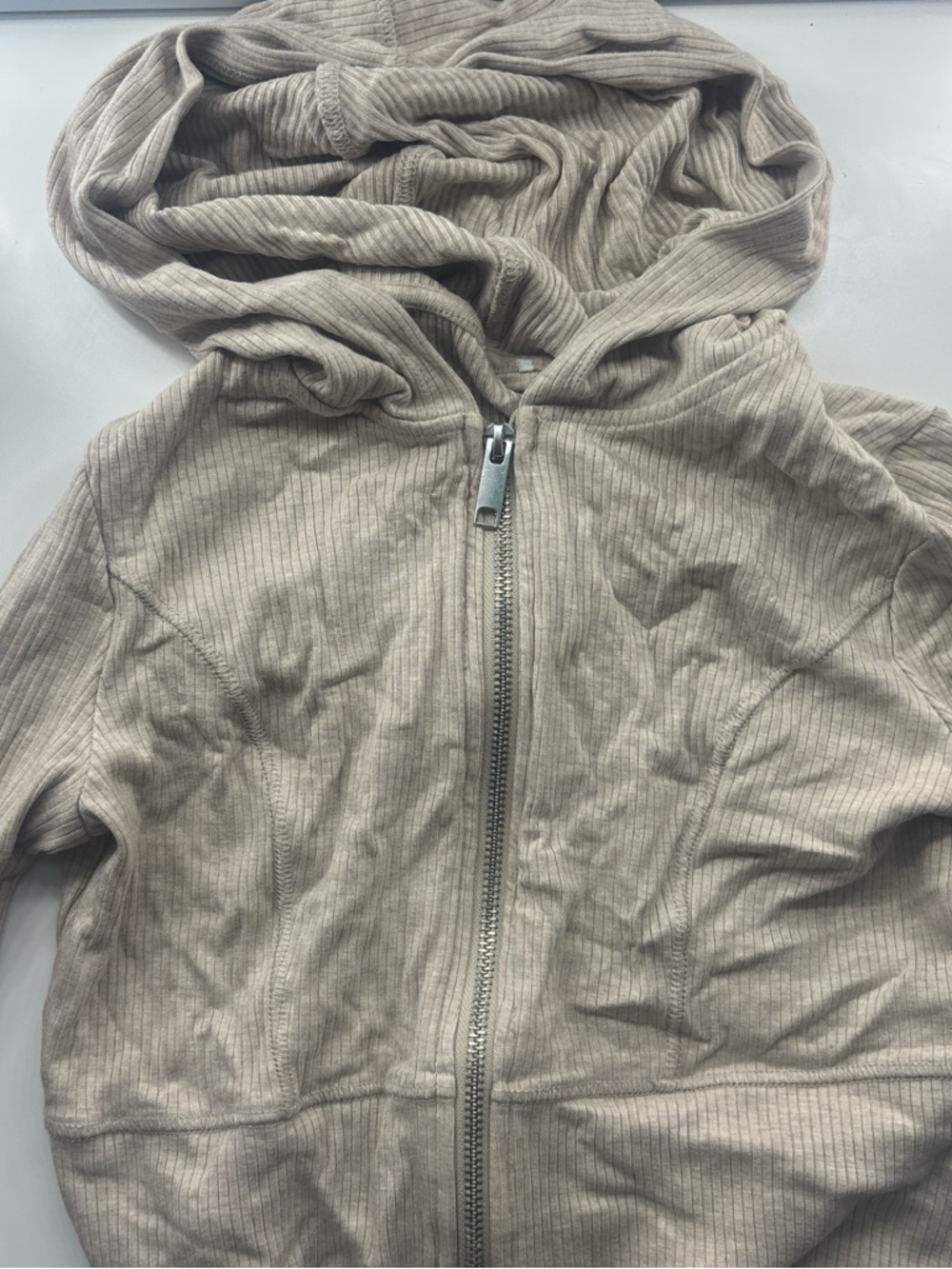 Beige Ribbed Zip Hoodie - Picture 2 of 3